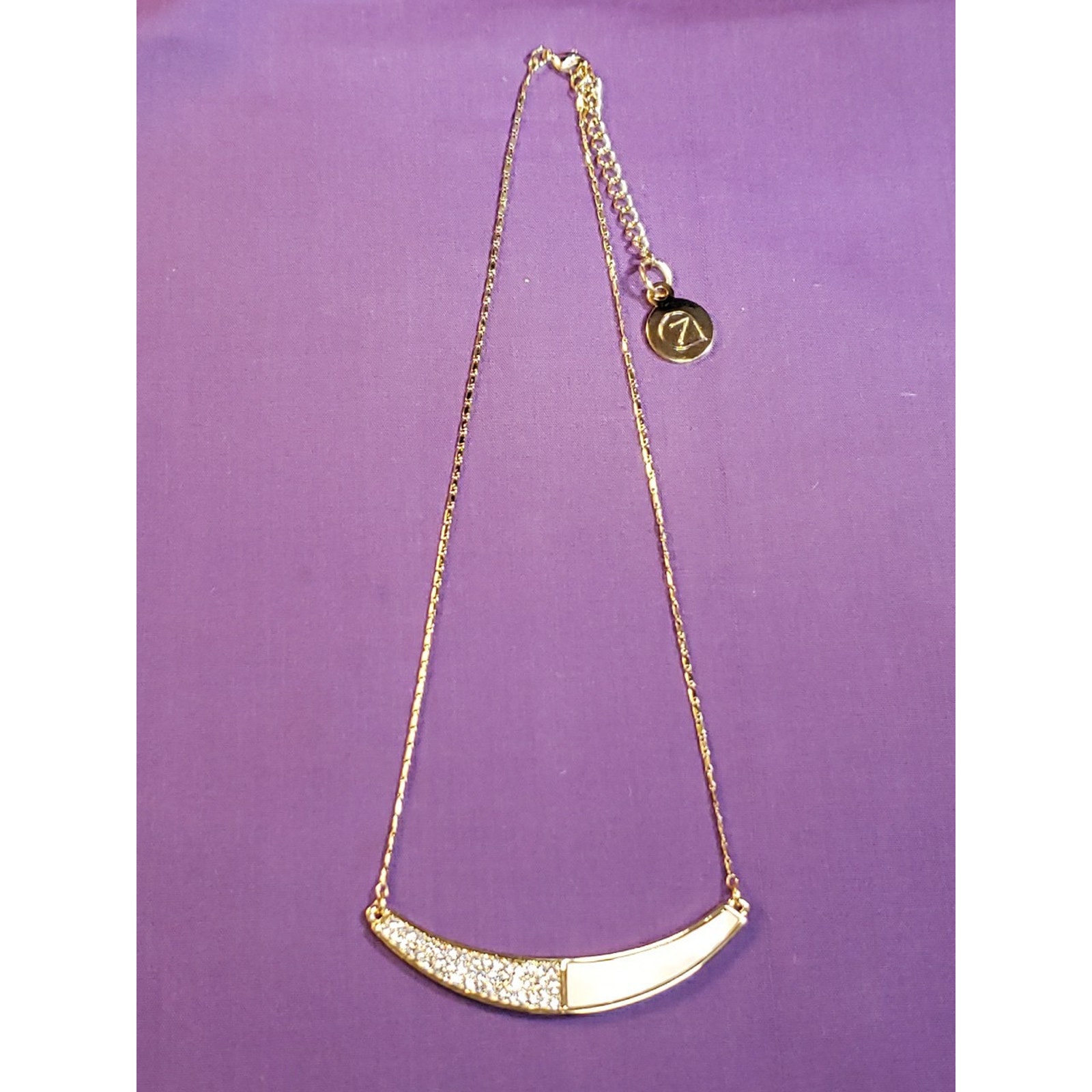 Crescent Bar Pendant Choker Chain Necklace Rhinestones & Mop Shell In Gold Tone